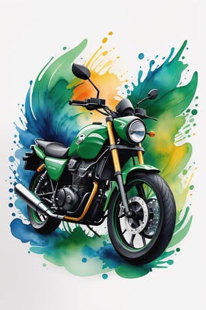 coloring graphic logo illustration of motorbike, vector, abstract watercolour design, intricate detail, bright color, solid white background, made with adobe illustrator, in the style of Studio Gibli, nature, splashing, more green, 3d style