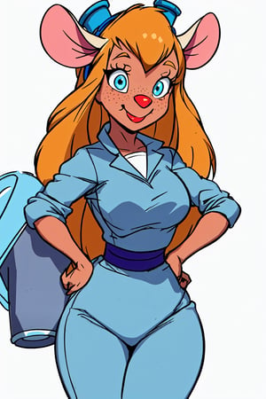 а Gadget Hackwrench is carrying beer, freckles, smile, blush, ((tanned skin)), blue clothes, intricate detail, bright color, (((solid white background))), gadget_hackwrench, gh_clothes, gh_goggles,
