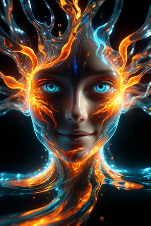 hyper detailed masterpiece, dynamic, awesome quality, expressive eyes, floating fiery water, DonMW15pXL, light smile, (clear edge lines), (dynamic angle), female, (looking at viewer), (bioluminescent), (glowing), (linquivera), liiv1, 