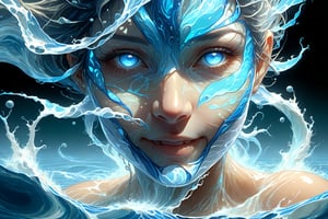 hyper detailed masterpiece, dynamic, awesome quality, expressive eyes, floating riwer, (water face:1.4), DonMW15pXL, light smile, (clear edge lines), (dynamic angle), female, (looking at viewer), (bioluminescent), (linquivera), liiv1, 