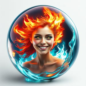 hyper detailed masterpiece, dynamic, awesome quality, expressive eyes, floating (fiery water), (fire:1.4), (water:1.4), (face from water:1.4), (hair from fire:1.4), light smile, (clear edge lines), (dynamic angle), female, (looking at viewer), (bioluminescent), (glowing), (linquivera), liiv1, (circle icon), (content in the circle icon:1.3), (logo:1.3), (simple white background), (sphere:1.4), (ball:1.3), 