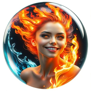 hyper detailed masterpiece, dynamic, awesome quality, expressive eyes, floating (fiery water), (fire:1.4), (water:1.4), (face from water:1.4), (hair from fire:1.4), (water skin:1.4), light smile, (clear edge lines), (dynamic angle), female, (looking at viewer), (bioluminescent), (glowing), (linquivera), (circle icon), (content in the circle icon:1.3), (logo:1.3), (simple white background), (sphere:1.4), (ball:1.3), 