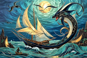 On a moonlit, mystical sea, Sinbad the Sailor navigates treacherous waters, (his ship surrounded by mythical creatures and awe-inspiring landscapes). (marine life:1.3), (sea monsters:1.3), atmospheric effects, epic, awe-inspiring scene, 