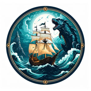 On a moonlit, mystical sea, Sinbad the Sailor navigates treacherous waters, (his ship surrounded by mythical creatures and awe-inspiring landscapes). (marine life:1.2), (sea monsters), atmospheric effects, epic, awe-inspiring scene, (circle icon), (content in the circle icon:1.3), (logo:1.3), (simple white background),