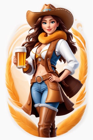 coloring graphic logo illustration of а cowboy girl is carrying beer, cowboy hat, fur collar, german clothes, text "Beer", vector, intricate detail, bright color, solid white background, made with adobe illustrator, in the style of Studio Gibli, 3d style, 3d, 3d render,3d style,3d,3d render