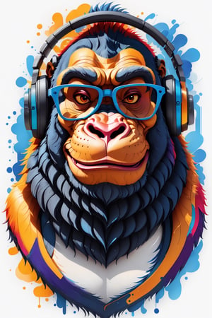 Leonardo Style, illustration, coloring graphic logo illustration of a smiling gorilla with glasses and headphones, cyberpunk, looking at viewer, portrait, vector art, abstract watercolour design, intricate detail, bright color, solid white background, made with adobe illustrator, in the style of Studio Gibli, nature, oni style, 3d style