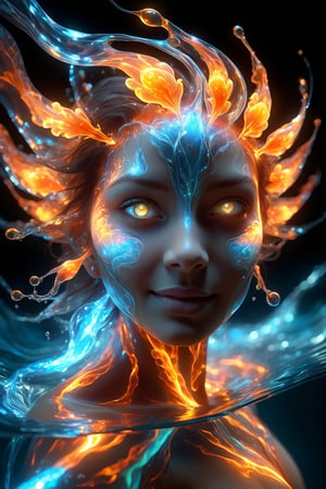 hyper detailed masterpiece, dynamic, awesome quality, expressive eyes, floating fiery water, DonMW15pXL, light smile, (clear edge lines), (dynamic angle), female, (looking at viewer), (bioluminescent), (glowing), (linquivera),