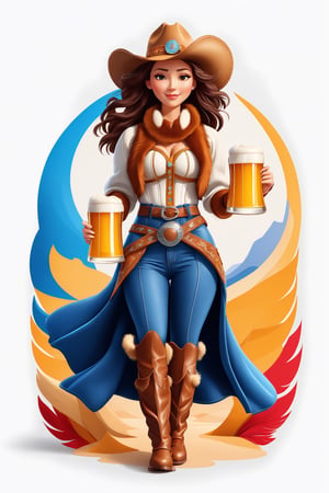 coloring graphic logo illustration of а cowboy girl is carrying beer, cowboy hat, fur collar, german clothes, vector, intricate detail, bright color, solid white background, made with adobe illustrator, in the style of Studio Gibli, 3d style, 3d, 3d render