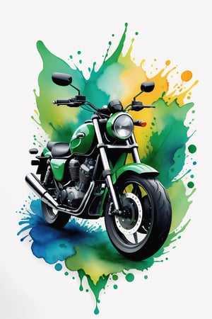 coloring graphic logo illustration of big motorbike, vector, abstract watercolour design, intricate detail, bright color, solid white background, made with adobe illustrator, in the style of Studio Gibli, nature, splashing, more green, 3d style