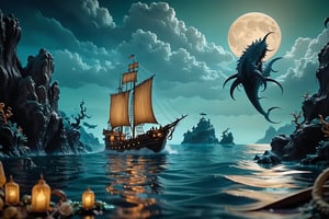 On a moonlit, mystical sea, Sinbad the Sailor navigates treacherous waters, (his ship surrounded by mythical creatures and awe-inspiring landscapes). (marine life:1.3), (sea monsters:1.3), atmospheric effects, epic, awe-inspiring scene, 