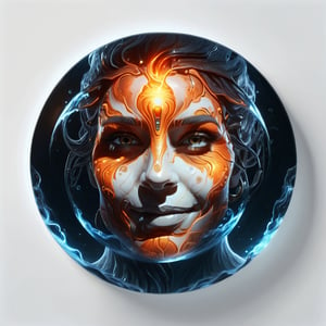 hyper detailed masterpiece, dynamic, awesome quality, expressive eyes, floating fiery water, DonMW15pXL, light smile, (clear edge lines), (dynamic angle), female, (looking at viewer), (bioluminescent), (glowing), (linquivera), liiv1, (circle icon), (content in the circle icon:1.3), (logo:1.3), (simple white background), realism, photorealism, 