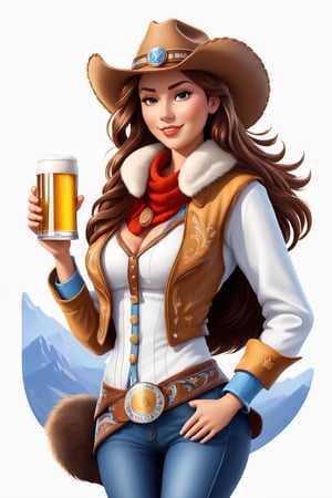 coloring graphic logo illustration of а cowboy girl is carrying beer, cowboy hat, fur collar, german clothes, ((text "Beer")), vector, intricate detail, bright color, solid white background, made with adobe illustrator, in the style of Studio Gibli, 3d style, 3d, 3d render,