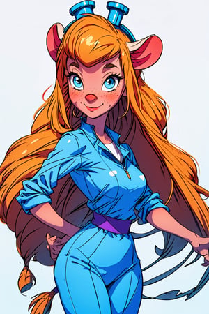 а Gadget Hackwrench is carrying beer, freckles, smile, blush, ((tanned skin)), blue clothes, intricate detail, bright color, (((solid white background))), gadget_hackwrench, gh_clothes, gh_goggles,gadget_hackwrench