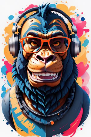 Leonardo Style, illustration, coloring graphic logo illustration of a smiling gorilla with glasses and headphones, cyberpunk, looking at viewer, portrait, vector art, abstract watercolour design, intricate detail, bright color, solid white background, made with adobe illustrator, in the style of Studio Gibli, nature, oni style, 3d style