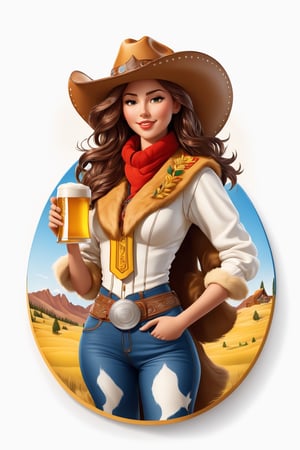 coloring graphic logo illustration of а cowboy girl is carrying beer, cowboy hat, fur collar, german clothes, inscription "Beer", vector, intricate detail, bright color, solid white background, made with adobe illustrator, in the style of Studio Gibli, 3d style, 3d, 3d render,3d style,3d,3d render