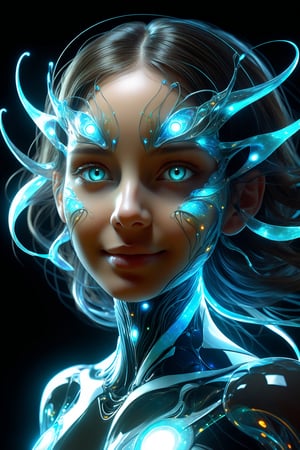 hyper detailed masterpiece, dynamic, awesome quality, expressive eyes, floating riwer, DonMW15pXL, light smile, (clear edge lines), (dynamic angle), female, (looking at viewer), (bioluminescent), (glowing), (linquivera),