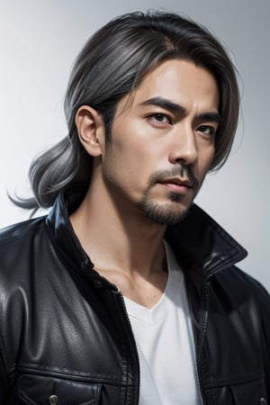 (masterpiece), best quality, expressive eyes, perfect face, centered, (platinum futuristic Japanese armor),  (futuristic dojo background), (male), (modern samurai), (grey hair), leather, jedi,  ((white Haori)), cyberpunk, beard, old man, long hair