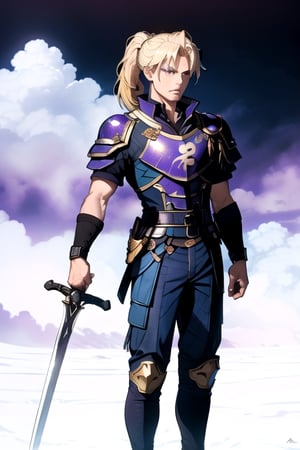 (masterpiece), best quality, best face, perfect face, Yoshitaka_Amano, a boy, blue dressed, blond, purple eyes, ponytail, gold armor pauldron, a sword in his right hand, a shield on his back, few colors, most black and white, long_pants, SAM YANG, xjrex, suzuna, black sky, final fantasy