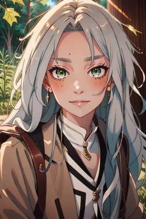 {1girl}, classic fantasy, magician, white skin, HDR,UHD,8K, best quality, {masterpiece}, Highly detailed, slender, {{smile}}, messy hair, {{long hair}}, {{silver hair}}, forest, {{{pelt and leather clothes}}}, {{{{really Poor clothes}}}}, fur coat, dirt on her face, dirt on her hair, dirt on her clothes, 16 years old, simple clothes, prehistoric clothes,