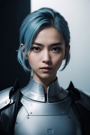 (masterpiece), best quality, expressive eyes, perfect face, centered, (platinum futuristic Japanese armor),  (futuristic dojo background), (female), (modern samurai), (light blue hair), leather, white, jedi,  ((white Haori)), cyberpunk, chain mail