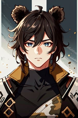 (masterpiece), best quality, expressive eyes, perfect face, perfect eyes, ((best quality)), ((highly detailed)), detailed face, beautiful face, (detailed eyes, deep eyes), male, muscular, big, bear ears, mercenary dress, scy-fy, battle dress, military camouflage suit, dark brown hair, character \(series\)