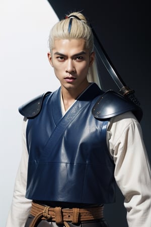 (masterpiece), best quality, expressive eyes, perfect face, centered, (platinum futuristic armor),  (futuristic dojo background), (male), (modern samurai), jinbaori, ((futuristic azure samurai leather long gillet)), (yellow highlights), blue, (white hair), (long ponytail), (futuristic katana at the belt), leather, jedi, young, blue, azure, ((white Haori))