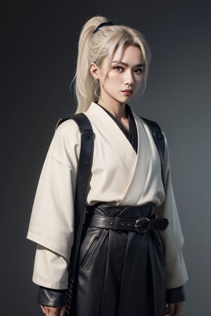 (masterpiece), best quality, expressive eyes, perfect face, a girl, centered, platinum futuristic armor,  dojo background, male, samurai , modern , jinbaori, , samurai jacket , blue, white hair, long ponytail , futuristic katana, katana at belt, leather, jedi, daimyo jacket, young, blue, futuristic leather jinbaori, azure, opened leather jillet,