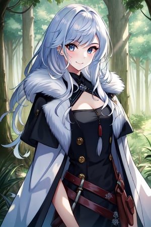 {1girl}, magician, white skin, HDR,UHD,8K, best quality, {masterpiece}, Highly detailed, slender, {{smile}}, messy hair, {{long hair}}, {{silver hair}}, forest, {{{pelt and leather clothes}}}, {{{{really Poor clothes}}}}, fur coat, dirt on her face, dirt on her hair, dirt on her clothes
