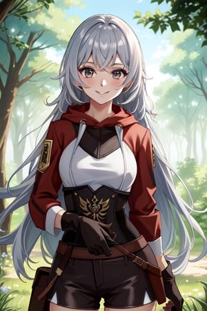 {1girl}, magister, magician, white skin, HDR,UHD,8K, best quality, {masterpiece}, Highly detailed, slender, {{smile}}, messy hair, {{long hair}}, {{silver hair}}, forest, {{pelt and leather clothes}}, {Poor clothes}