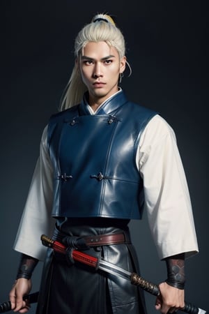 (masterpiece), best quality, expressive eyes, perfect face, centered, (platinum futuristic armor),  (dojo background), (male), (modern samurai), jinbaori, ((futuristic azure samurai leather long gillet)), (yellow highlights), blue, (white hair), (long ponytail), (futuristic katana at the belt), leather, jedi, young, blue, azure,