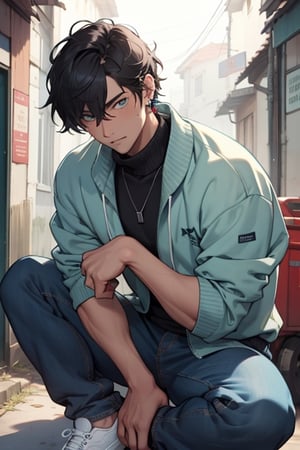 (masterpiece), best quality, expressive eyes, perfect faces, detailed faces, a man, black hair, tuft covering right eye, teal eyes, fullbody, slender, black turtleneck, jeans, sneakers, a single mole just under left eye, shy perfect hands, light blue transparent octahedron earring at left ear, wolf tooth necklace, silver ring at left thumb, grey socks, five fingers hands