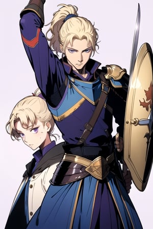 (masterpiece), best quality, best face, perfect face, Yoshitaka_Amano, a guy, blue dressed, blond, purple eyes, ponytail, piece or armor, a sword, a shield, amano yoshitaka