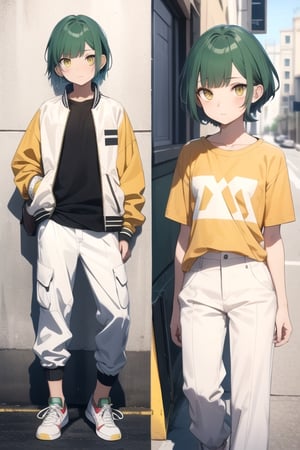 (masterpiece), best quality, best face, perfect face, a girl, skinny, acid-green hair, golden eyes, full_body, pixie short hair, asymmetrical bangs, gakuran, white elegant jacket, white elegant long pants, yellow t-shirt, flat chest, sox, sneakers