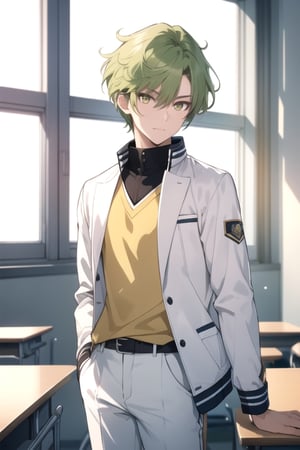 (masterpiece), best quality, best face, perfect face, a girl, female, lime_green hair, short hair, golden eyes, Suzuna, asymmetric bangs, male uniform, white jacket, white pants, technological classroom, yellow t-shirt, Haruka, rokuro_enmadou,suzuna,haruka,short hair