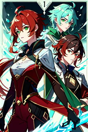 (masterpiece), best quality, expressive eyes, perfect face, perfect eyes, ((best quality)), ((highly detailed)), detailed face, beautiful face, (detailed eyes, deep eyes), female, big green eyes, ((long voluminous hair)), ((red hair)), deep eyes, ((dark red catsuit)), ((2 swords)), (emerald green sword), (ice made frost sword), character \(series\)