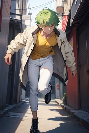 (masterpiece), best quality, best face, perfect face, a girl, skinny, acid-green hair, golden eyes, full_body, pixie hair, asymmetrical bangs, gakuran, white jacket, white long pants, yellow t-shirt, flat chest, 