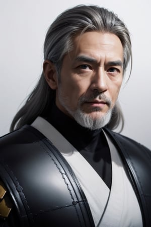 (masterpiece), best quality, expressive eyes, perfect face, centered, (platinum futuristic Japanese armor),  (futuristic dojo background), (male), (modern samurai), (grey hair), leather, white, jedi,  ((white Haori)), cyberpunk, beard, ((old man)), long hair