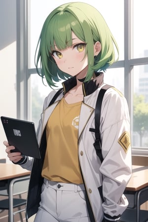 (masterpiece), best quality, best face, perfect face, a girl, female, lime_green hair, short hair, golden eyes, Suzuna, asymmetric bangs, male uniform, white jacket, white pants, technological classroom, yellow t-shirt, Haruka, rokuro_enmadou,suzuna