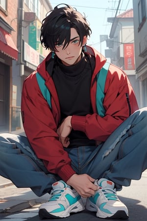 (masterpiece), best quality, expressive eyes, perfect faces, detailed faces, a man, black hair, tuft covering right eye, teal eyes, fullbody, slender, black turtleneck, jeans, sneakers, a single mole just under left eye, shy perfect hands, light blue octahedron earring at left ear