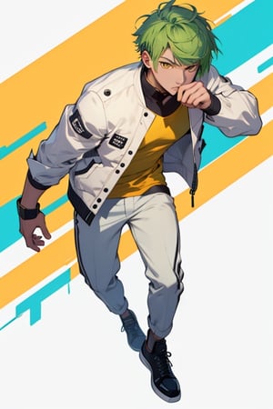 (masterpiece), best quality, best face, perfect face, a girl, skinny, acid-green hair, golden eyes, full_body, boyish, short hair, asymmetrical bangs, gakuran, white jacket, white long pants, yellow t-shirt,