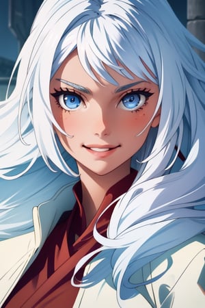 (masterpiece), best quality, expressive eyes, perfect face, perfect eyes, ((best quality)), ((highly detailed)), detailed face, beautiful face, (detailed eyes, deep eyes), girl, (((female))), big deep blue eyes, ((long voluminous hair)), ((white hair)), deep eyes, ((pelt tribal heavy clothes)), poor clothes, fantasy, skinny, dirty face, smile, leather clothes, poor clothes, 