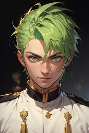 (masterpiece), best quality, expressive eyes, perfect face, detailed face, a boy, acid green hair, golden eyes, effeminate, white uniform black from the chest up, fullbody, happy_face