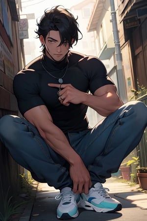 (masterpiece), best quality, expressive eyes, perfect faces, detailed faces, a man, black hair, tuft covering right eye, teal eyes, fullbody, slender, black turtleneck, jeans, sneakers, a single mole just under left eye, shy perfect hands, light blue transparent octahedron earring at left ear, necklace with a canine tooth,  silver ring at left thumb, grey socks