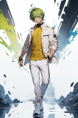 (masterpiece), best quality, best face, perfect face, short guy, skinny, acid-green hair, golden eyes, full_body, girlish, short hair, asymmetrical bangs, gakuran, white jacket, white long pants, yellow t-shirt,