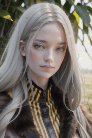 {1girl}, classic fantasy, magician, white skin, HDR,UHD,8K, best quality, {masterpiece}, Highly detailed, slender, {{smile}}, messy hair, {{long hair}}, {{silver hair}}, forest, {{{pelt and leather clothes}}}, {{{{really Poor clothes}}}}, fur coat, dirt on her face, dirt on her hair, dirt on her clothes, 16 years old,