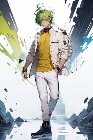 (masterpiece), best quality, best face, perfect face, short guy, skinny, acid-green hair, golden eyes, full_body, girlish, short hair, asymmetrical bangs, gakuran, white jacket, white long pants, yellow t-shirt,