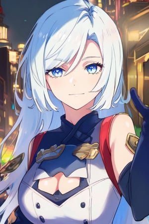 (masterpiece), best quality, expressive eyes, perfect face, perfect eyes, ((best quality)), ((highly detailed)), detailed face, beautiful face, (detailed eyes, deep eyes), girl, (((female))), big deep blue eyes, ((long voluminous hair)), ((white hair)), deep eyes, ((pelt tribal heavy clothes)), poor clothes, skinny, dirty face, smile, leather clothes, poor clothes, shenhe(genshin impact),