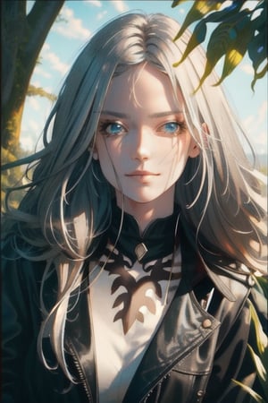 {1girl}, classic fantasy, magician, white skin, HDR,UHD,8K, best quality, {masterpiece}, Highly detailed, slender, {{smile}}, messy hair, {{long hair}}, {{silver hair}}, forest, {{{pelt and leather clothes}}}, {{{{really Poor clothes}}}}, fur coat, dirt on her face, dirt on her hair, dirt on her clothes, 16 years old,