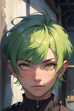 (masterpiece), best quality, best face, perfect face, short guy, skinny, acid-green hair, golden eyes, full_body, girlish, short hair, asymmetrical bangs