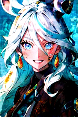 (masterpiece), best quality, expressive eyes, perfect face, perfect eyes, ((best quality)), ((highly detailed)), detailed face, beautiful face, (detailed eyes, deep eyes), girl, (((female))), big deep blue eyes, ((long voluminous hair)), ((white hair)), deep eyes, ((pelt tribal heavy clothes)), poor clothes, fantasy, skinny, dirty face, smile, leather clothes, poor clothes,  brown clothes,shenhe(genshin impact),furina \(genshin impact\),beidoudef